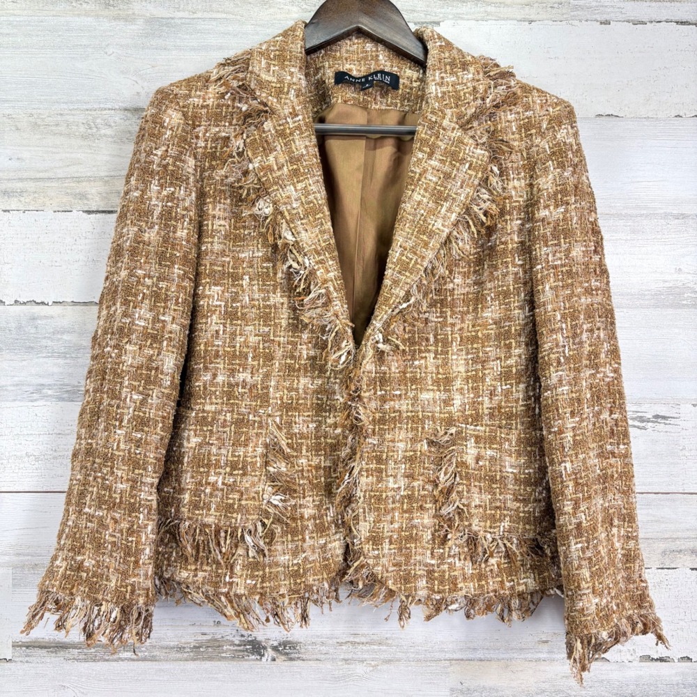 ANNE KLEIN NEW YORK Women Beige Textured Plaid Fringe Blazer Jacket Wool Blend 6
